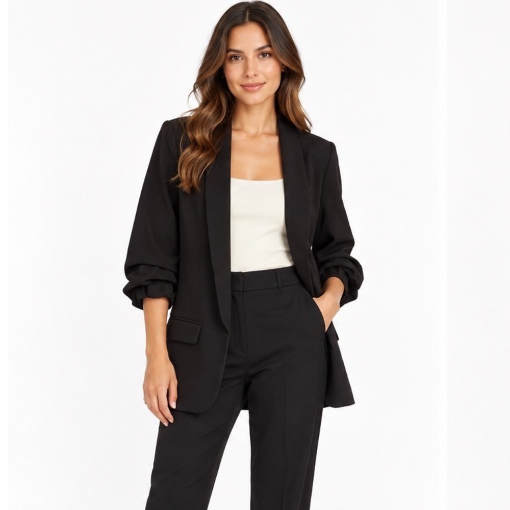 Forever 21 Black Ruched 3/4 Sleeve Open Front Shawl Collar Blazer L Chic 119-36
